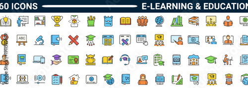 Collection of colorful e-learning icons displayed on a grid layout showcasing educational themes and digital tools