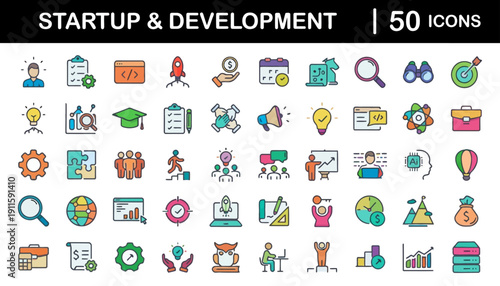 Collection of startup and development icons representing various business concepts and strategies in a grid layout