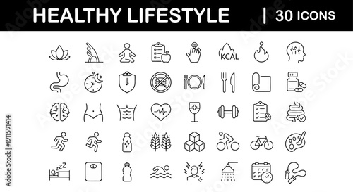 Collection of icons representing a healthy lifestyle including fitness, nutrition, and wellness symbols in a grid layout