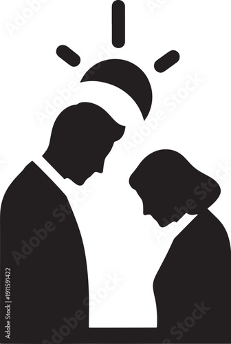 Black silhouette couple embracing under shining light bulb love romance