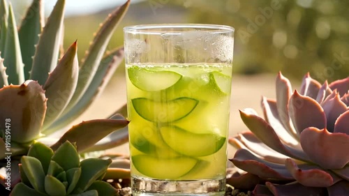 Refreshing cucumber infused water with succulents.