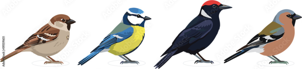 Obraz premium Blue Bird Character Set Perched on Branch Cartoon Vector Illustration Collection in Different Poses and Expressions