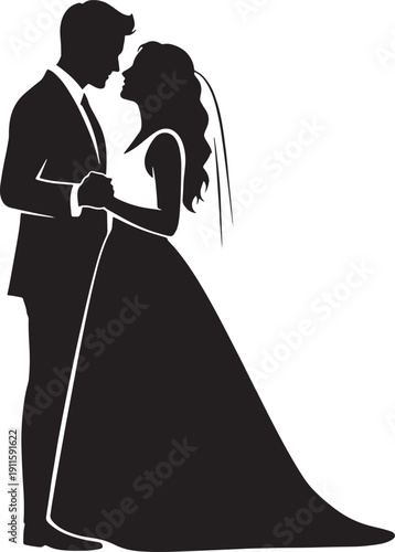 Black silhouette of a bride and groom in formal attire holding hands and looking at each other wedding