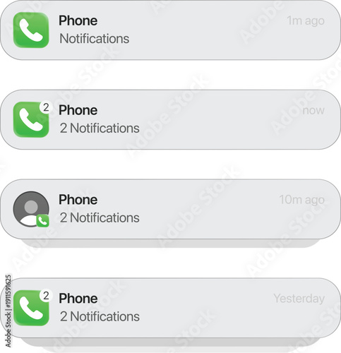 Modern smartphone push notification pop up interface. Incoming call alerts and missed communication messages mockup on mobile screen. User experience design template, UI app development. digital kit