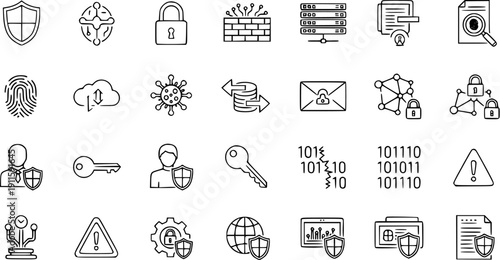 Cybersecurity Line Icons Set. Data Protection, Privacy, Network Security, Encryption, Server, Virus, Cloud, and Authentication Technology Symbols.