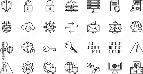 Cyber Security and Data Protection Icons Set - Shield, Lock, Firewall, Virus, Network, Key