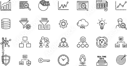 Business Intelligence Icons Set. Data Analytics, Big Data, Strategy, Technology, Cloud Computing, and Security Outline Symbols.