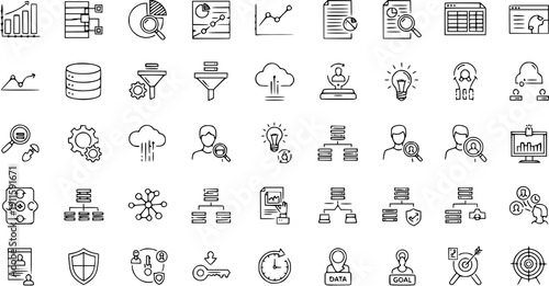 Data Analysis  Business Process Icons Set: Charts, Graphs, Database, Cloud, Security, Goals