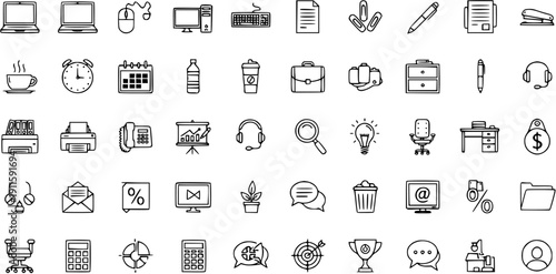 Collection of 49 Office and Business Icons in Outline Style