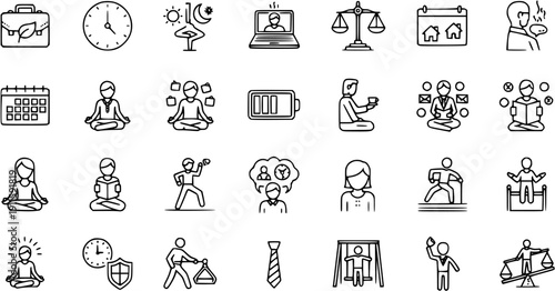 Work-Life Balance  Wellbeing Line Icons. Outline Symbols for Business, Self-Care, Productivity, and Lifestyle.