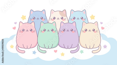 Adorable pastel colored cartoon cats illustration, a charming group of fluffy feline friends lined up on a soft cloud with twinkling stars