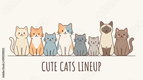 Adorable Feline Friends Vector Illustration Featuring a Row of Playful Cartoon Kittens in Gentle Hues, Charming Graphic Design for Pet Lovers