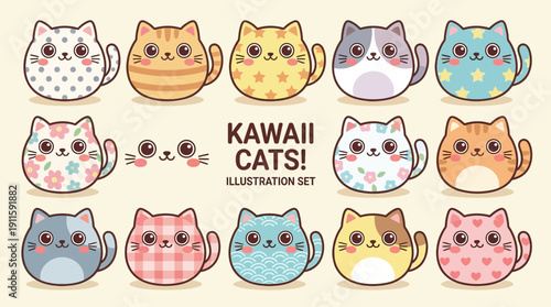 Kawaii Cartoon Cats Collection Adorable Feline Friends in Cute Illustrations