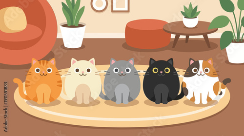 A group of five cute cartoon cats in various colors sitting on a rug in a cozy room