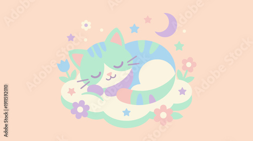 Modern graphic illustration featuring a cute pastel cat icon sleeping on a cloud, surrounded by stars and moon with smooth curves