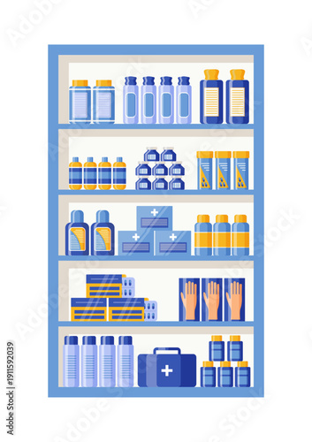 Drugstore shelves with medical products. Pharmacy shelf with pills, bottles, packets. Medicines and medications liquids syrup and capsules in hospital store. Flat design. Vector illustration