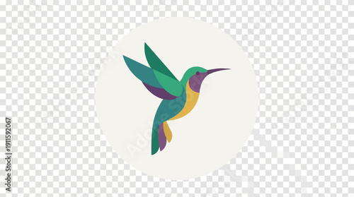 Vibrant hummingbird with green and purple wings in flight, rendered as a minimalist icon