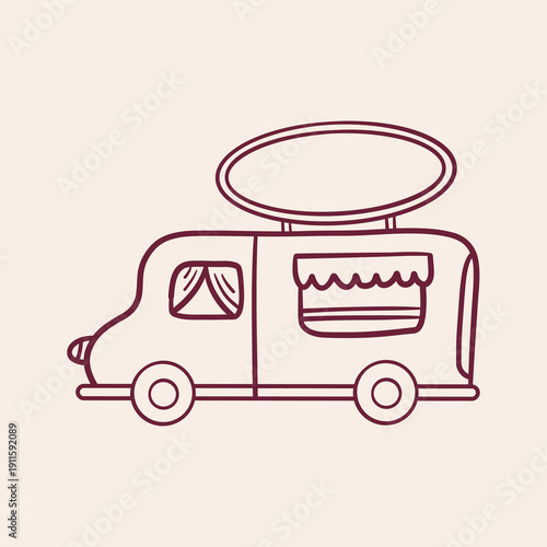 Minimal line vector illustration of a cute food truck-style camper van in doodle outline. Street travel and mobile lifestyle concept.