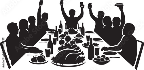 Black silhouette of a family celebrating Thanksgiving dinner with a roasted turkey and drinks celebration