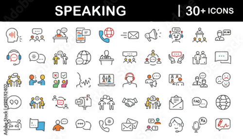 Collection of diverse speaking and communication icons displayed on a clean white background