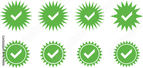 Set of Green Check Mark Icons with Starburst Seal Badges for Verified Guarantee Approval Quality Control Success Certification and Authentic Product Trust Validation Vector Elements