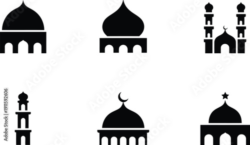 Group of six distinct mosque dome and minaret icons, versatile for Islamic design and symbols