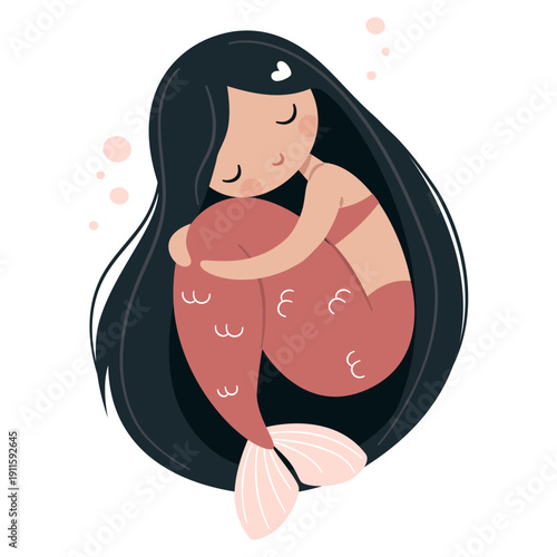 A cute mermaid in a naive style hugs her knees. Flat vector illustration in a simple children's style. . Vector illustration