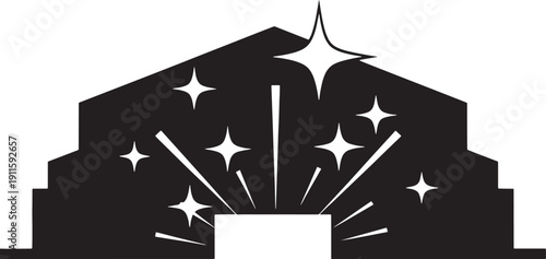 Black silhouette of a stylized theater stage with sparkling stars white