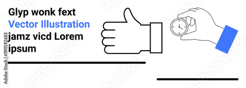 Time management, productivity, motivation, positive reinforcement, success, goal tracking. Hand holding a stopwatch and a thumbs-up gesture in a minimal design. Time management and productivity