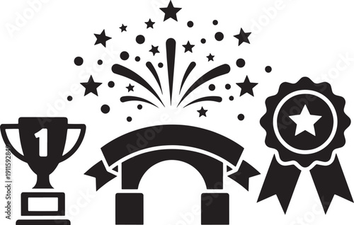 Black silhouette of a trophy medal ribbon and fireworks on white background celebration winner
