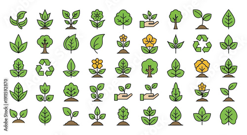 Collection of various green plants and trees illustrations in a simple modern style for eco-friendly and environmental designs.
