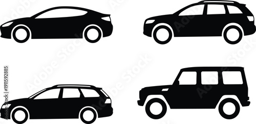 Car silhouettes collection, sedan SUV hatchback and wagon vehicle icons set isolated on white background illustration