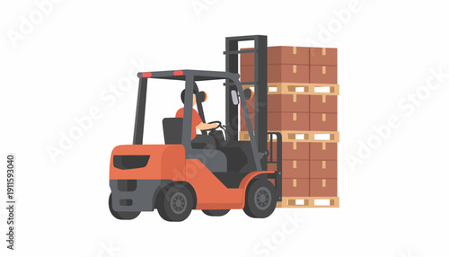 An orange forklift operated by a person, moving stacked pallets with brown boxes in a warehouse or industrial setting.