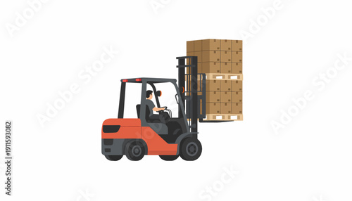 A man operating a red forklift carrying stacked cardboard boxes on wooden pallets.