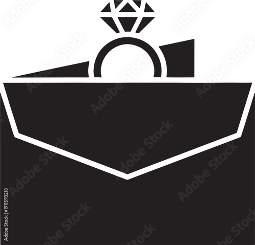 Black Silhouette of Engagement Ring with Diamond in Open Ring Box on Transparent Background diamond ring