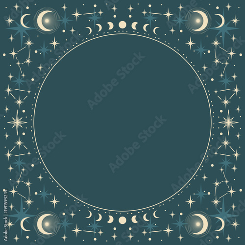 Magic vector frame with constellations, moon, stars. Mystic frame for tarot, esoteric, astrology design. Template for poster and prints.