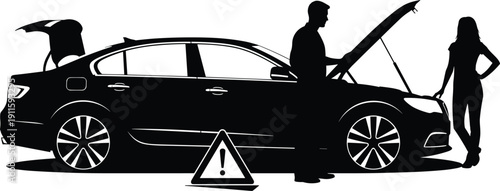 Car breakdown roadside emergency silhouette, man checking engine, woman standing nearby, warning sign, vehicle trouble concept, black and white illustration
