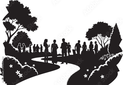 Black silhouette of people gathered in a park with trees and a winding path nature trail