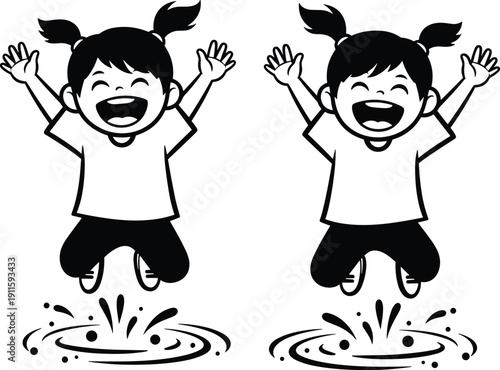 Cute Cartoon Twin Girls Jumping into Water Puddles with Joyful Expressions, Playful Childhood Illustration in Black and White Vector Style For Kids Apparel Design