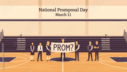 National Proposal Day March 11 gymnasium scene with students holding prom sign and friends cheering, romantic prom invitation concept in school setting, clean flat vector illustration about young love
