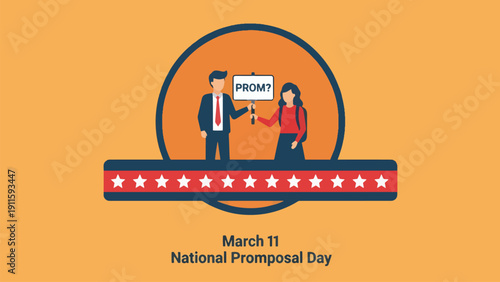 National Proposal Day March 11 illustration with couple holding prom sign on decorated stage, romantic engagement concept in clean flat vector style celebrating love, relationship and proposal moment
