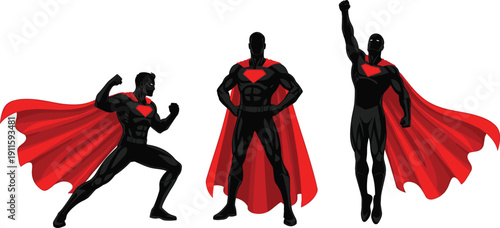 Set of Three Male Superhero Silhouettes with Red Capes and Heart Logos Posing Powerfully Isolated on White Background for Comic Book Design and Leadership Concepts