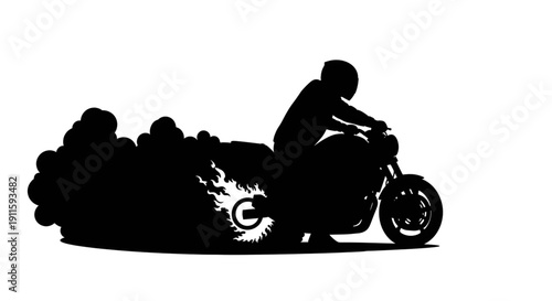 Motorcycle rider performing a burnout with thick smoke and flames from the tire