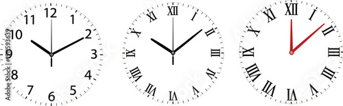 Set of Three Minimalist Analog Clock Faces Featuring Classic Arabic Numerals Roman Numerals and Modern Design Styles for Time Management Scheduling and Professional Wall Decor