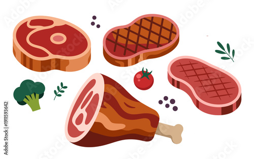 Assortment of Raw and Grilled Meats Broccoli Tomato and Peppercorns Flat beef steak