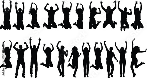 Group of Happy People Jumping in Celebration Silhouettes Isolated on White Background, Energetic Men and Women Party Crowd Concept for Success and Freedom