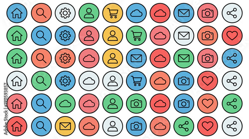 Minimalist circular icons representing contact information and online interactions in a grid layout