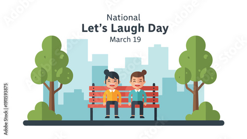 Illustration of two happy people sitting on a park bench with trees and a city skyline, celebrating National Let's Laugh Day on March 19.