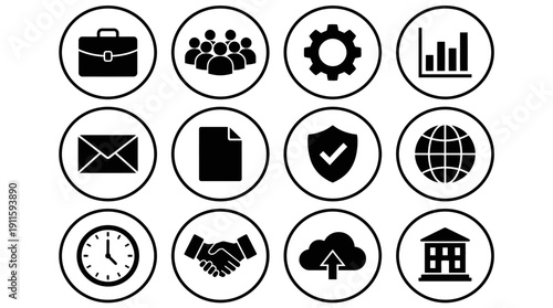 A collection of black icons representing various business and technology concepts within circular frames on a white background