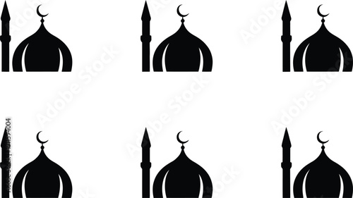 Six silhouette icons of Islamic mosques, each with a unique dome and minaret design for versatile use